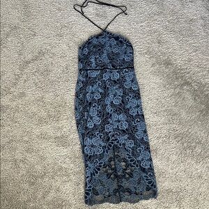 Blue High Low Sheath Dress with Halter Neckline